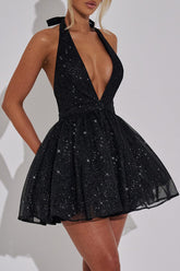 Deep V Neck Halter Glittering A - Line Party Mini Dresses - Black